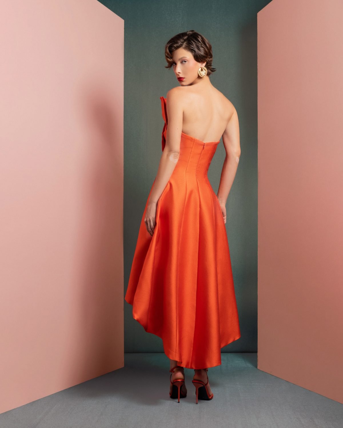 Vibrant Orange Mikado Piqué Dress with Structured Pleats