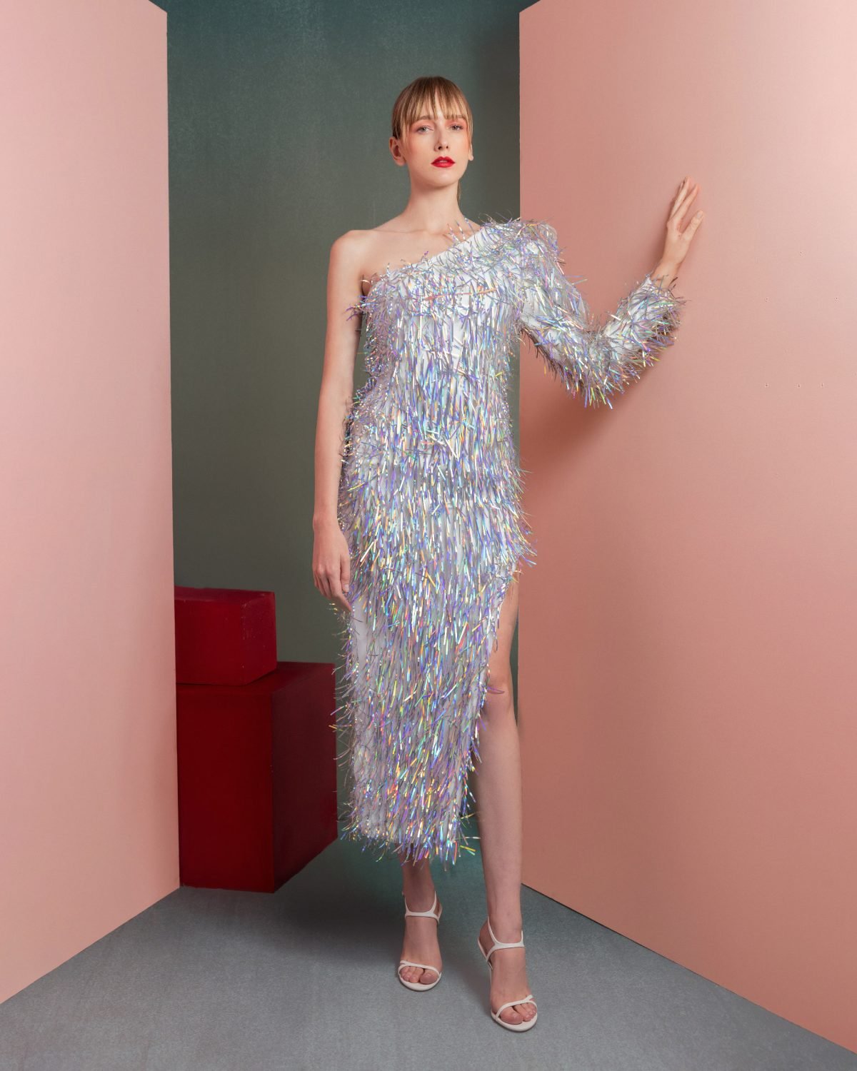 Iridescent Fringe Asymmetrical One-Shoulder Dress