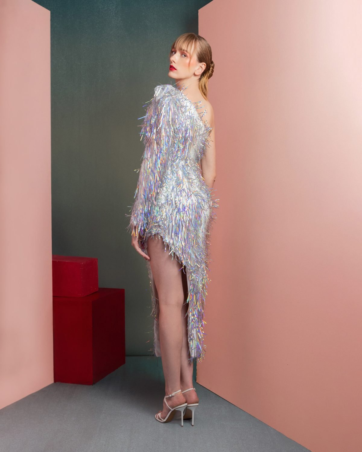 Iridescent Fringe Asymmetrical One-Shoulder Dress