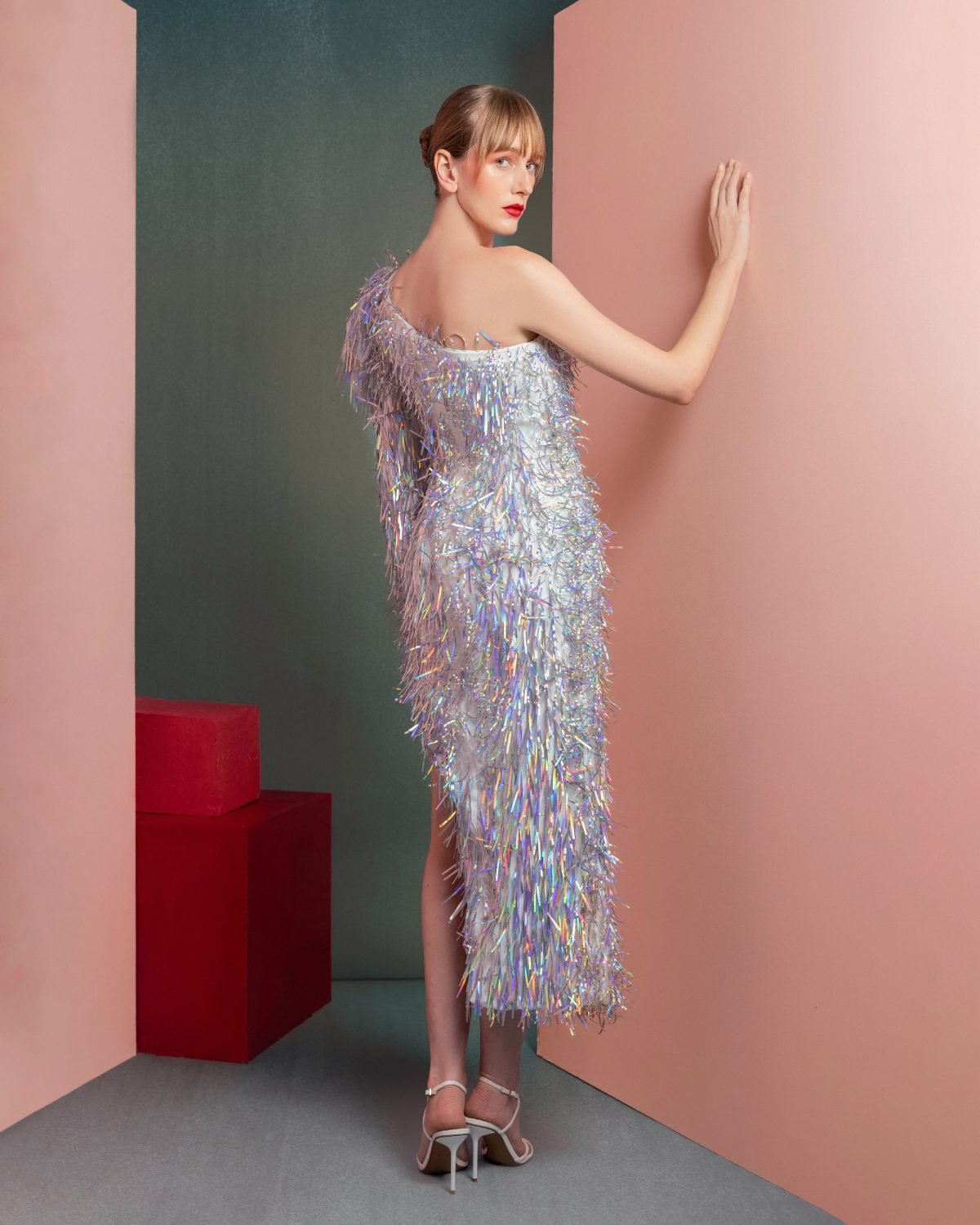Iridescent Fringe Asymmetrical One-Shoulder Dress