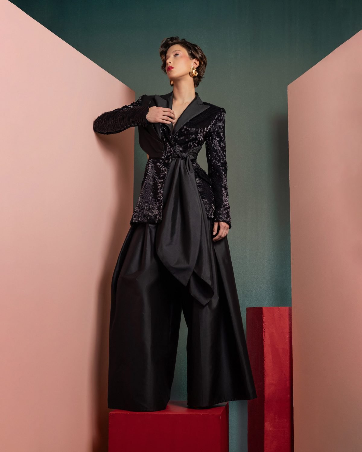 Elegant Sequin Blazer with Draped Taffeta Detail and knot