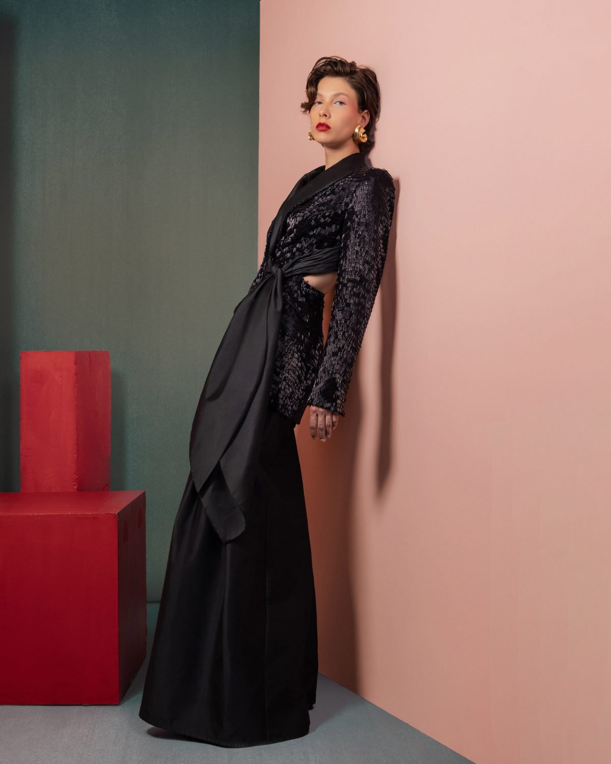 Elegant Sequin Blazer with Draped Taffeta Detail and knot