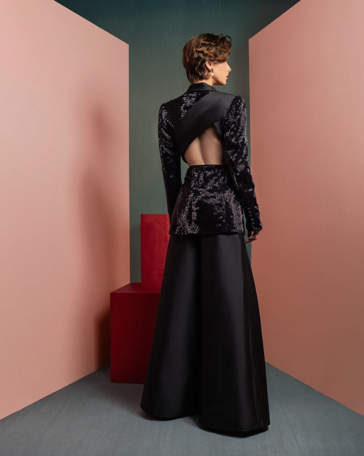 Elegant Sequin Blazer with Draped Taffeta Detail and knot