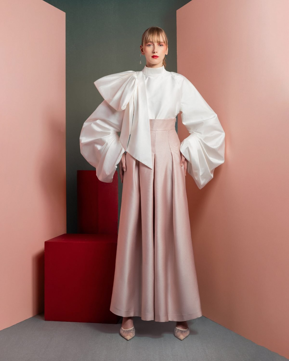 Exaggerated Sleeves White Taffeta Blouse
