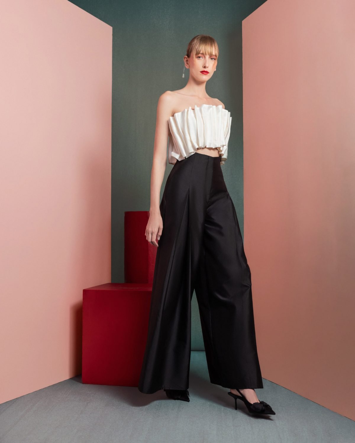White Pleated Taffeta Crop Top