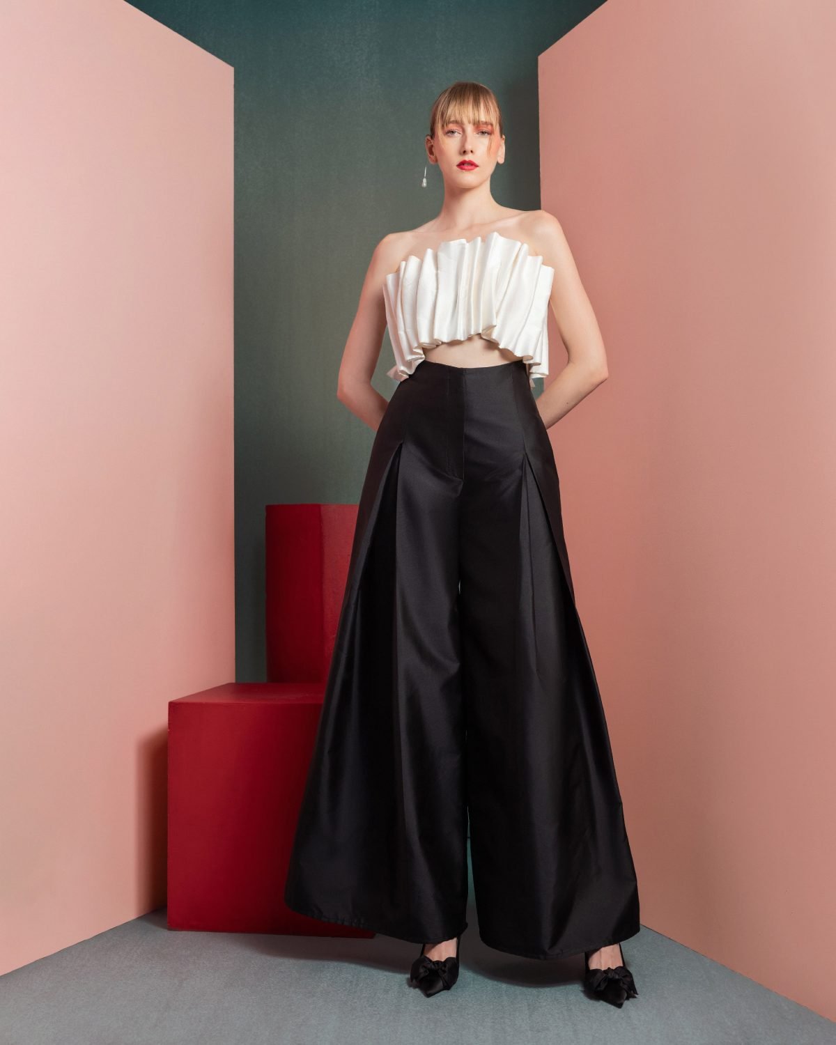 White Pleated Taffeta Crop Top