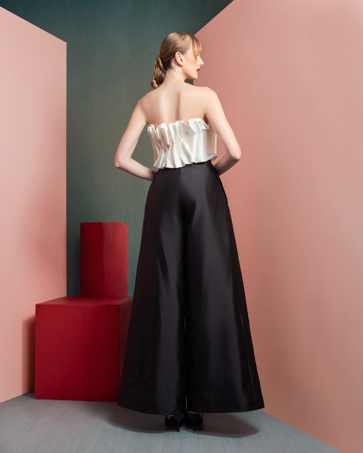 White Pleated Taffeta Crop Top
