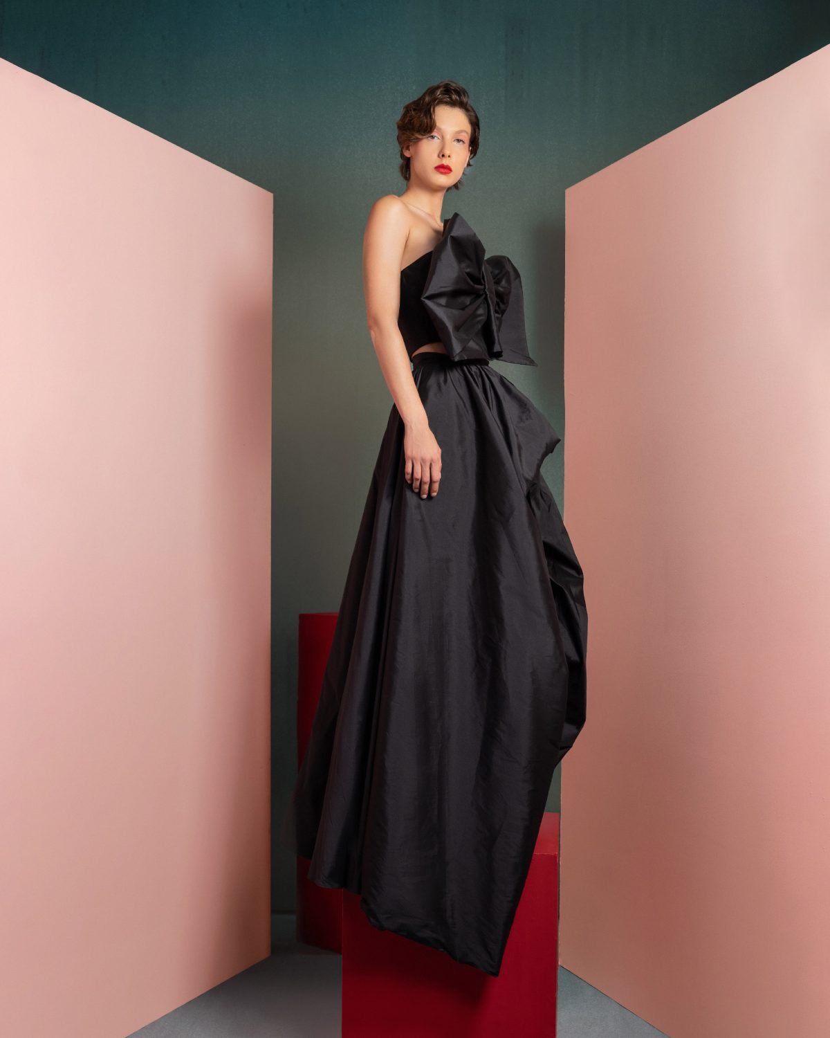Elegant Black Taffeta Top with Statement Bow