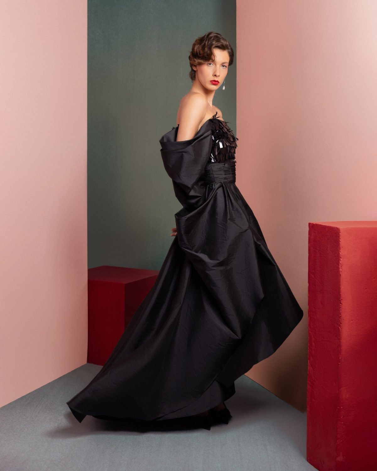 Bold sleek Sequin Top with Exaggerated Glamour Sleeves