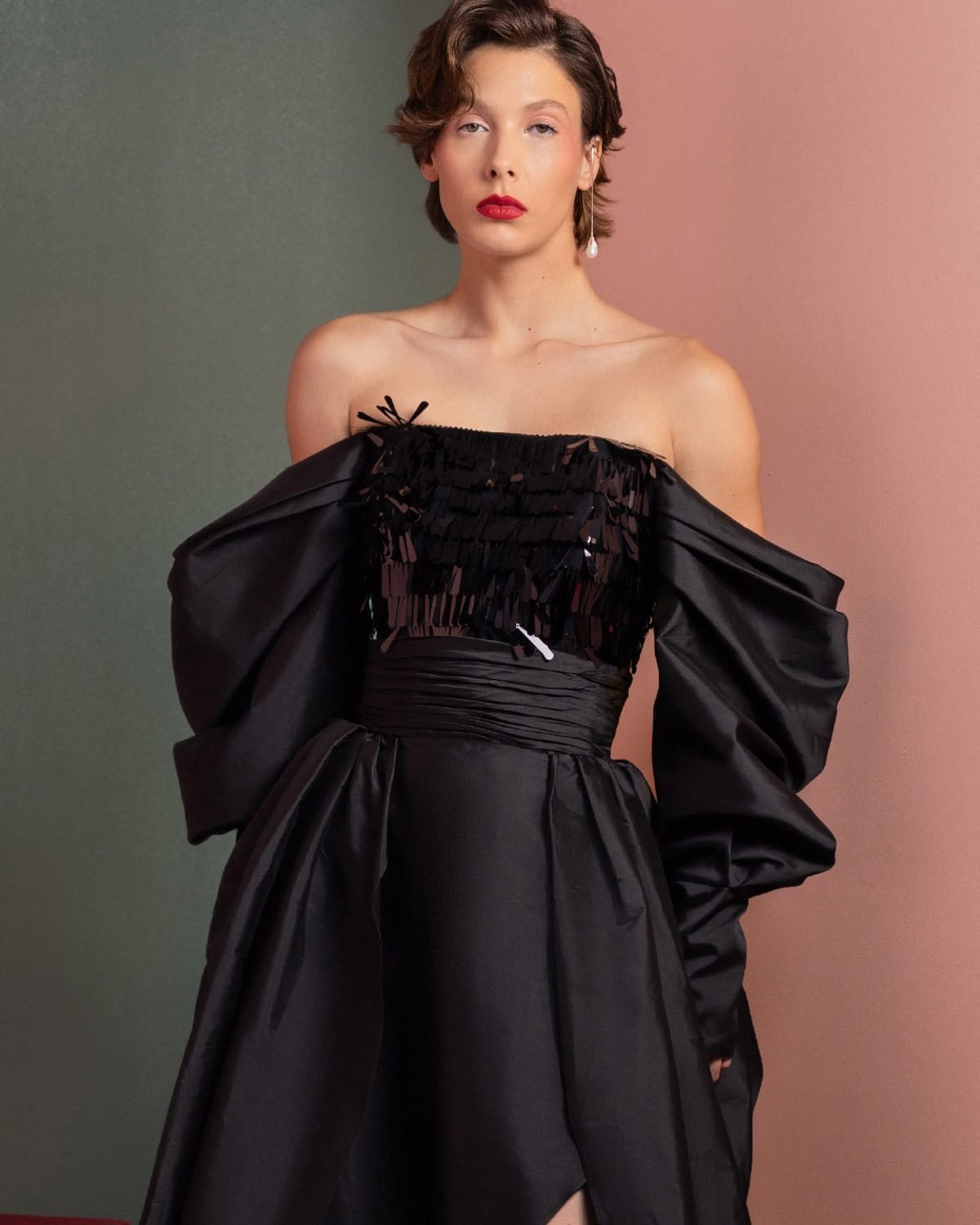 Bold sleek Sequin Top with Exaggerated Glamour Sleeves