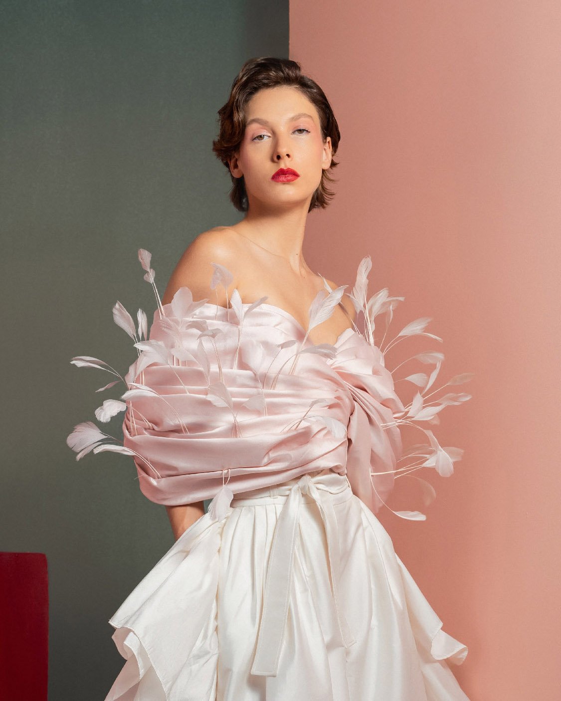 Whimsical Pink Feathered Taffeta Top