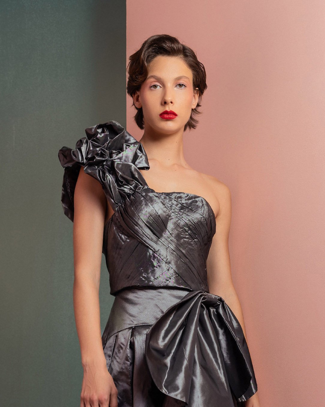 Manipulated One-Shoulder Metallic Taffeta Top