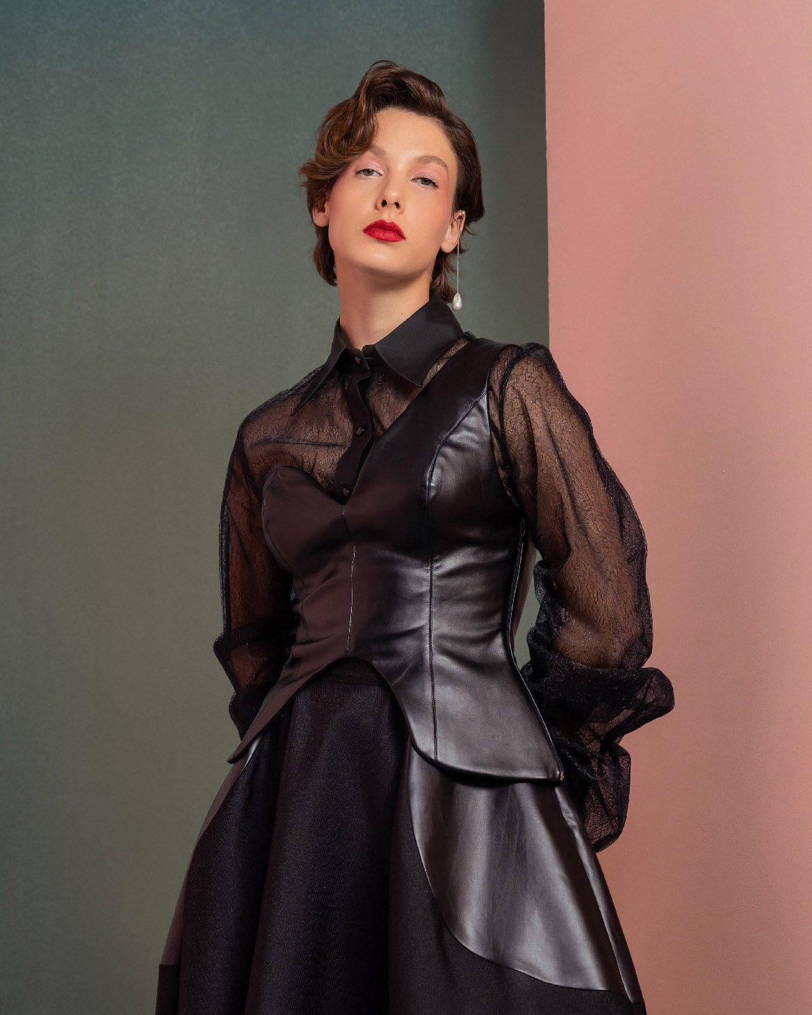 Sheer Chantilly Lace Blouse with Taffeta