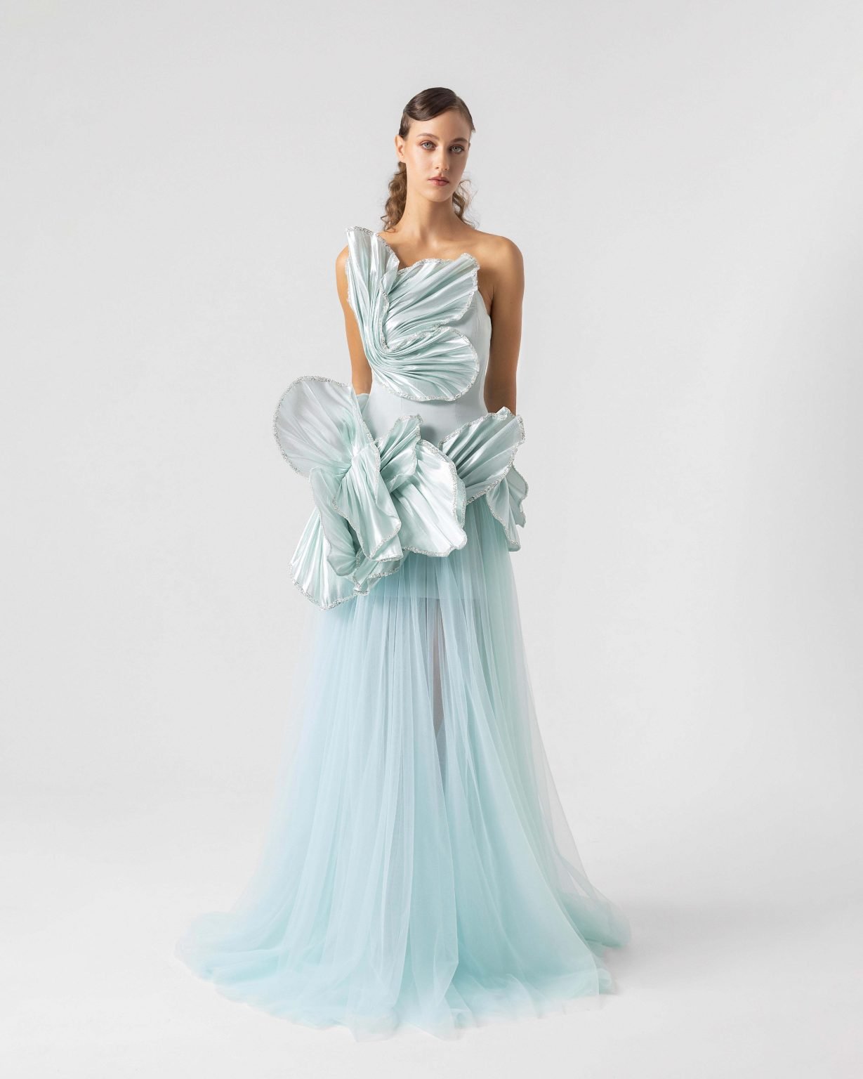 Whimsical Mint Metallic Petal Bodice with Flowing Tulle Skirt