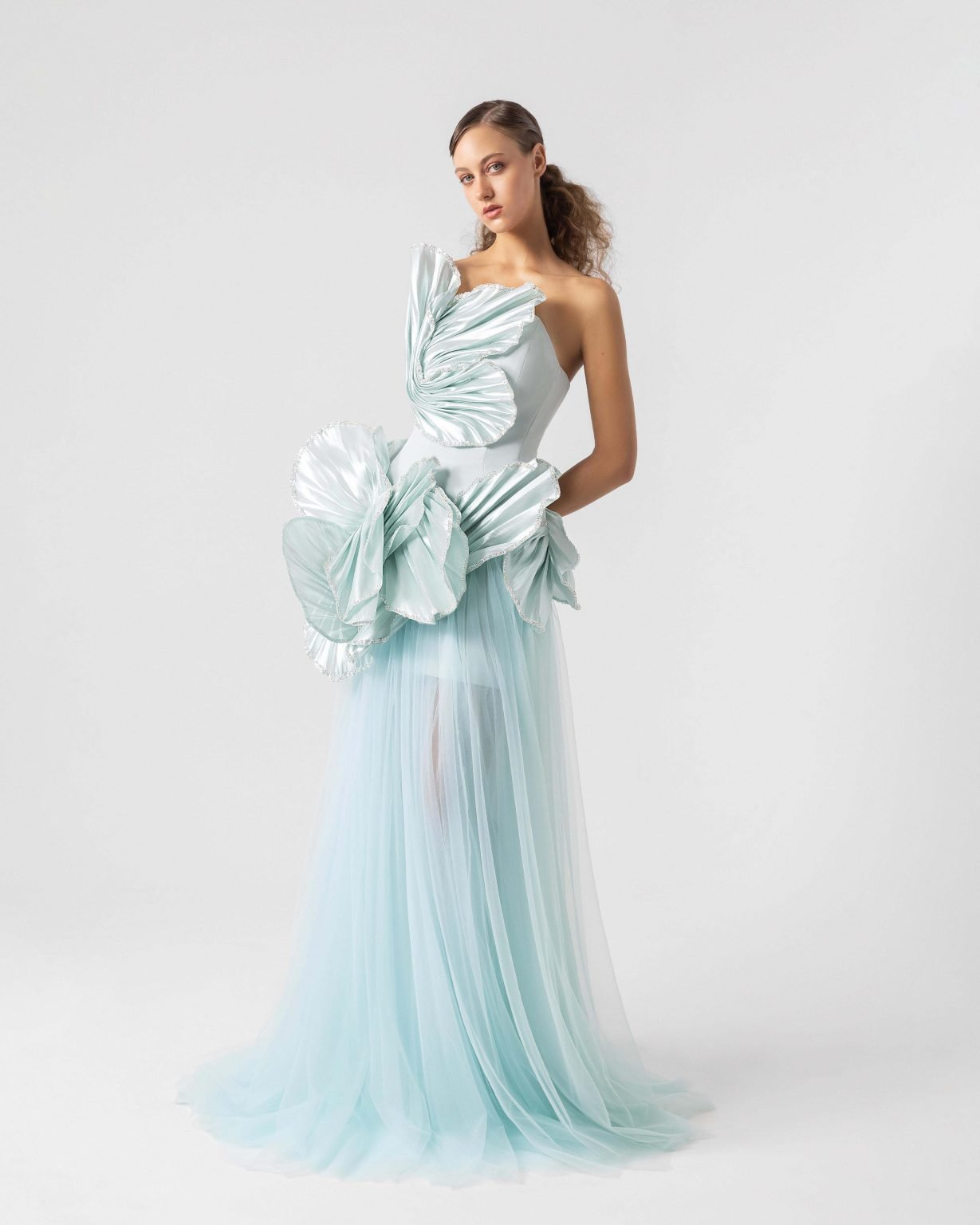 Whimsical Mint Metallic Petal Bodice with Flowing Tulle Skirt