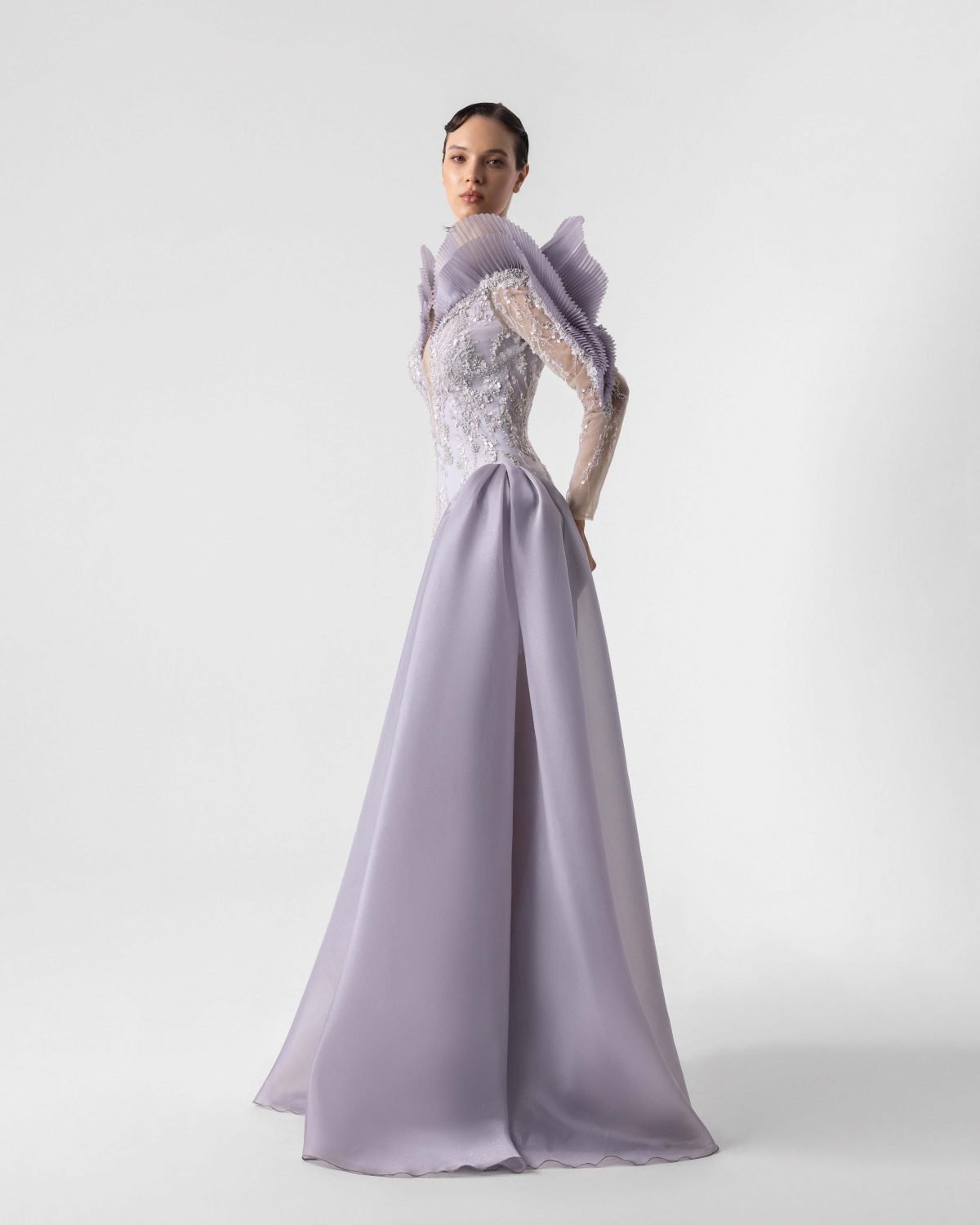 Exaggerated Pleated Shoulders Silver Lace Dress