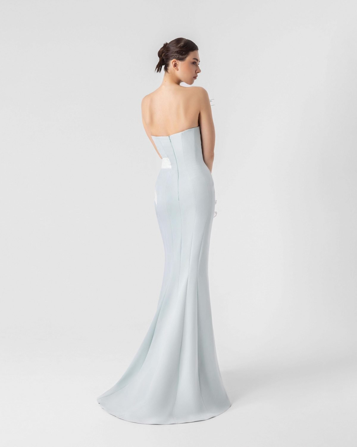 Ethereal Mint Blue Gown with Feathered Pleated Holographic Organza Accents