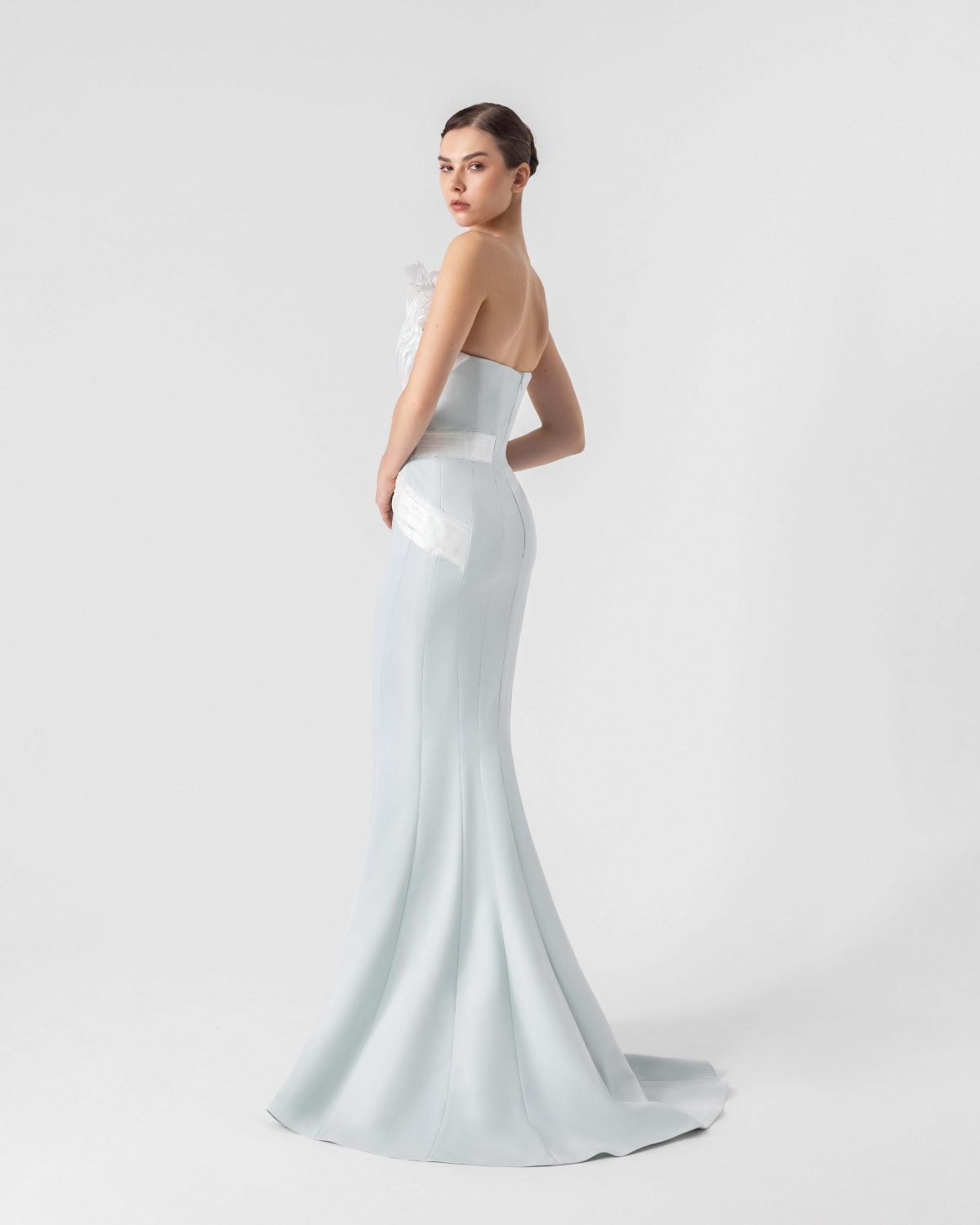 Ethereal Mint Blue Gown with Feathered Pleated Holographic Organza Accents
