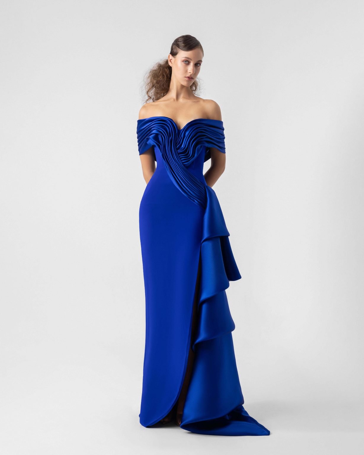 Elegant Cascading Draped Organza and Off-Shoulder Dress