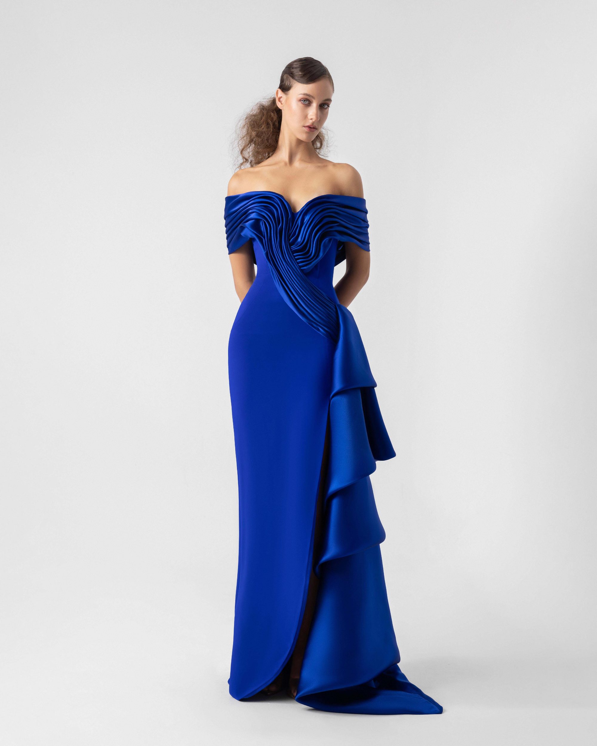 Elegant Cascading Draped Organza and Off-Shoulder Dress