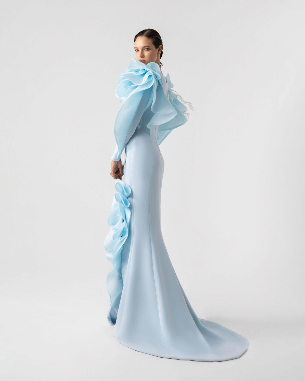 Feathered Shoulders, Ruffled Slit Blue Evening Dress