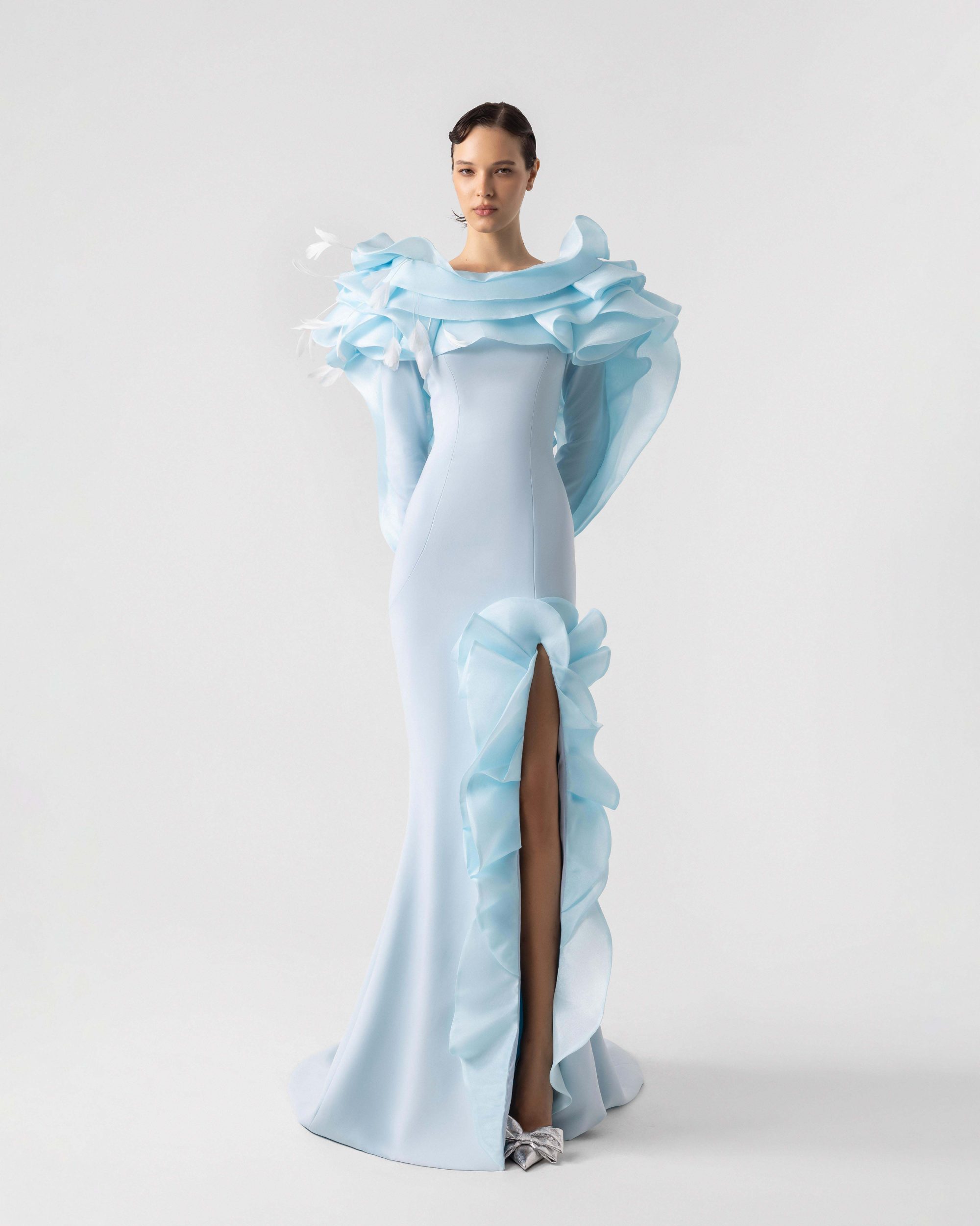 Feathered Shoulders, Ruffled Slit Blue Evening Dress