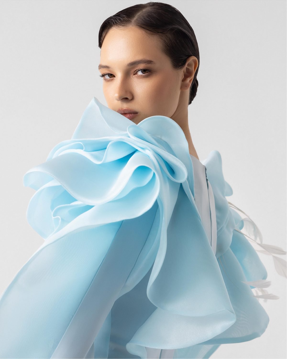 Feathered Shoulders, Ruffled Slit Blue Evening Dress
