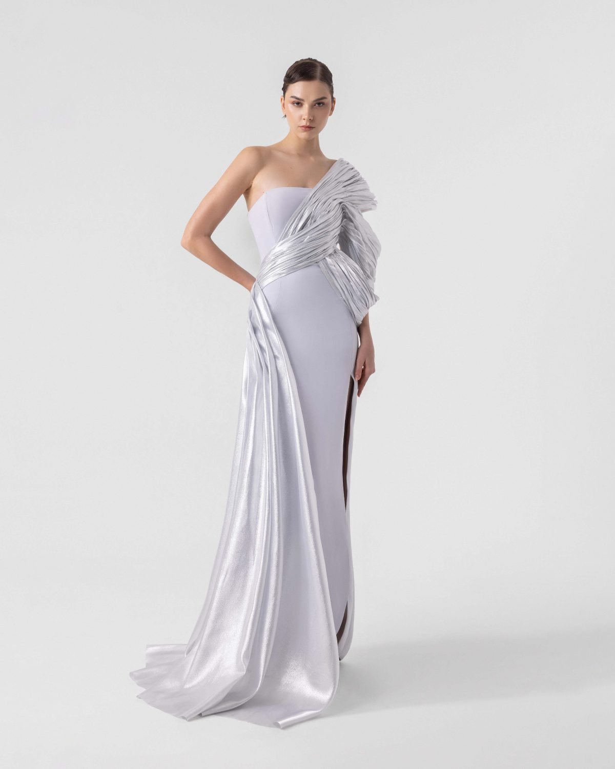 Luxurious Silver Lame Organza Off-Shoulder Gown
