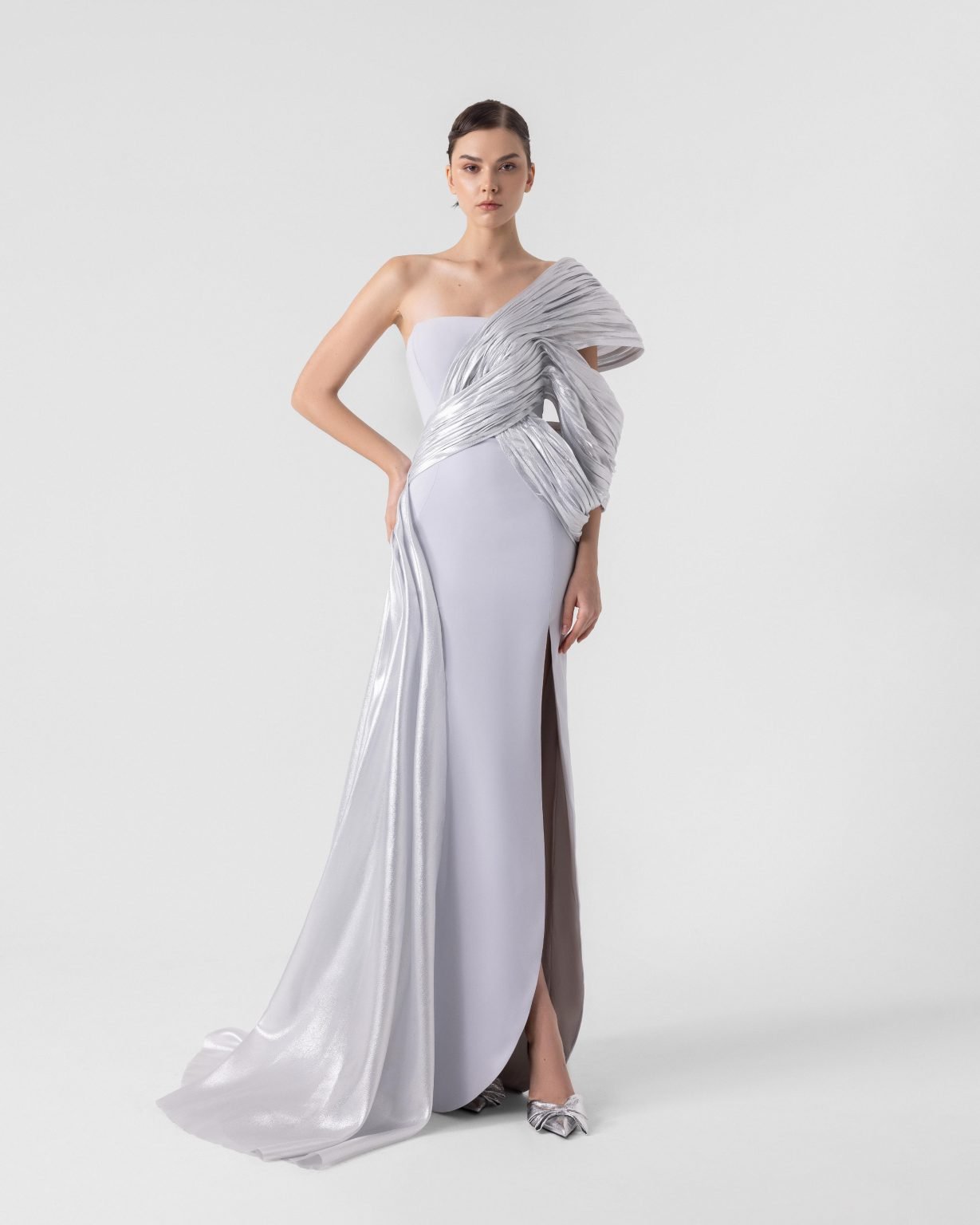 Luxurious Silver Lame Organza Off-Shoulder Gown