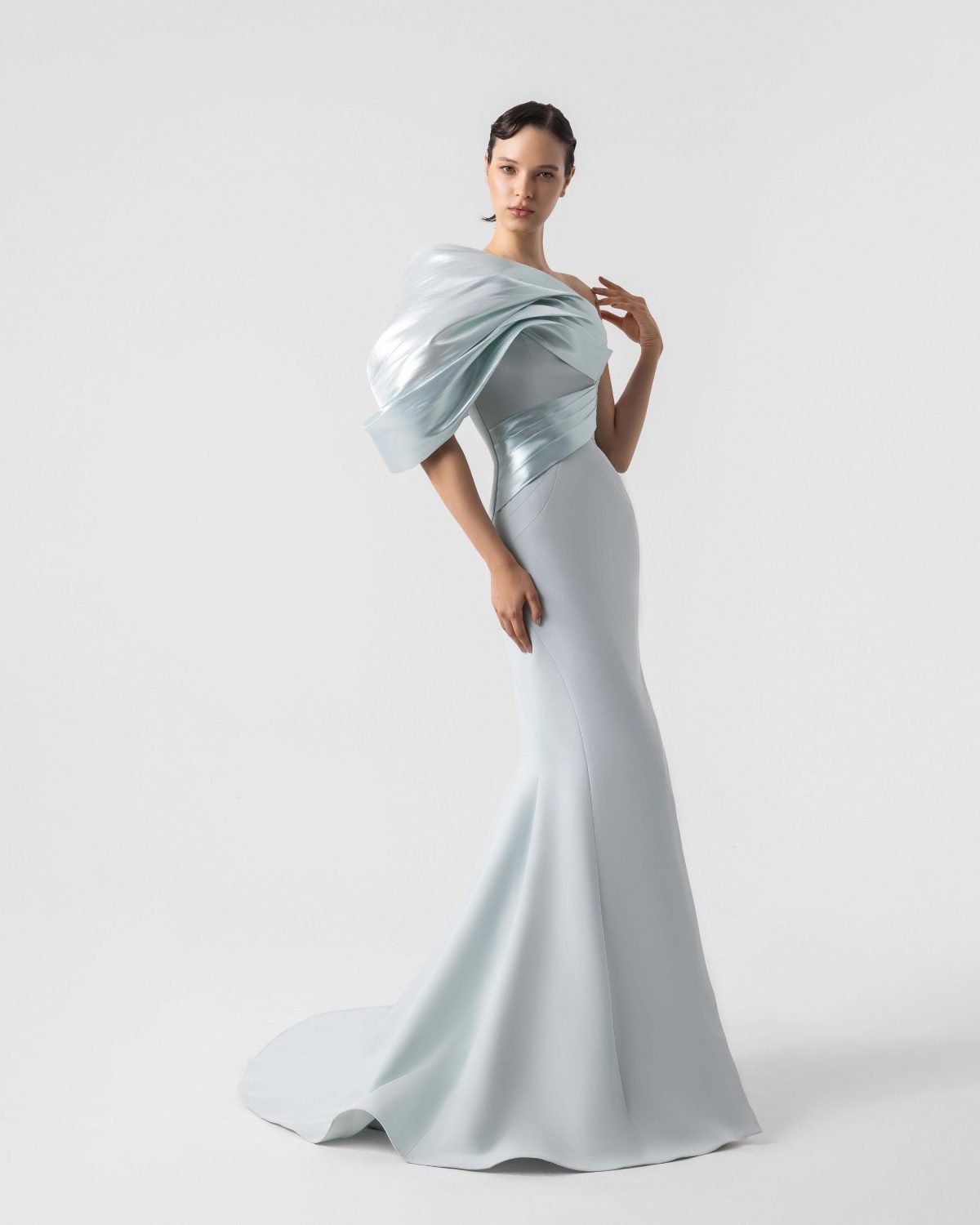Sophisticated Metallic One Shoulder Mint Blue Mermaid Gown