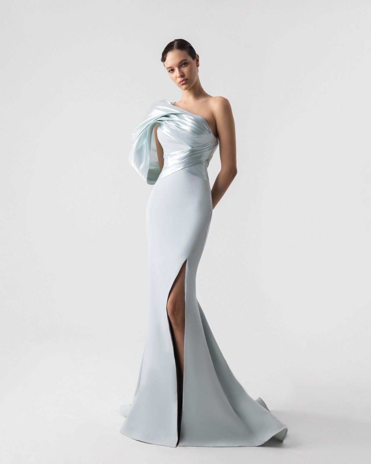 Sophisticated Metallic One Shoulder Mint Blue Mermaid Gown