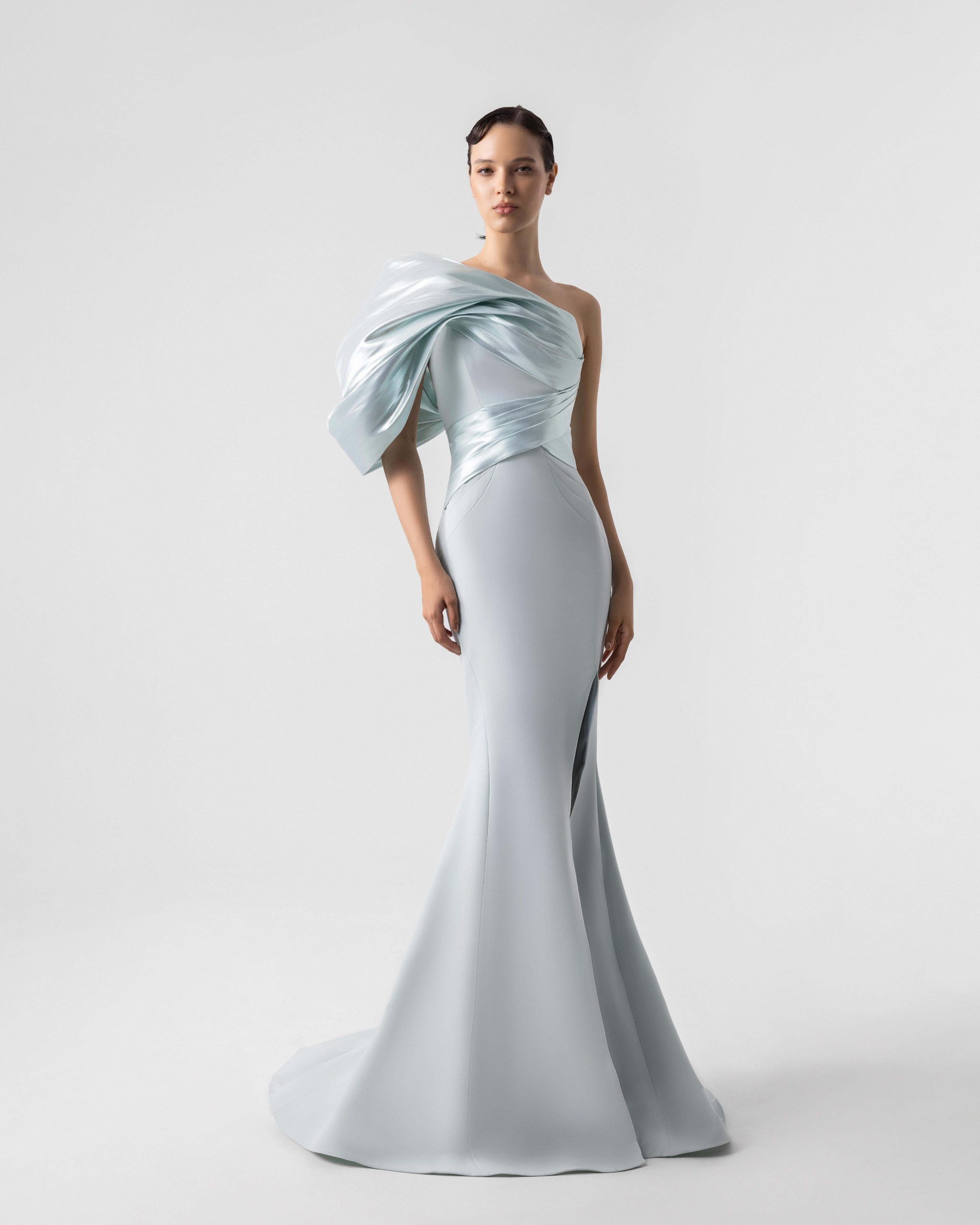 Sophisticated Metallic One Shoulder Mint Blue Mermaid Gown