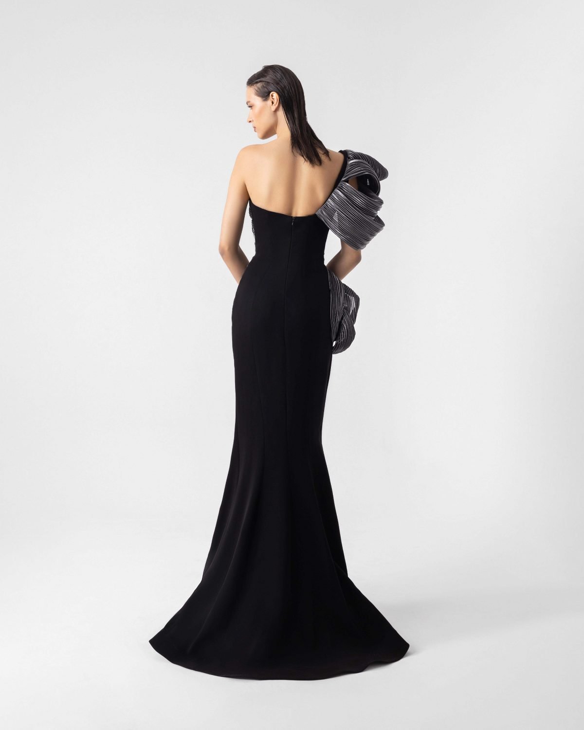 Sculptural Ribbed Silver and Black Mermaid One-Shoulder Dress