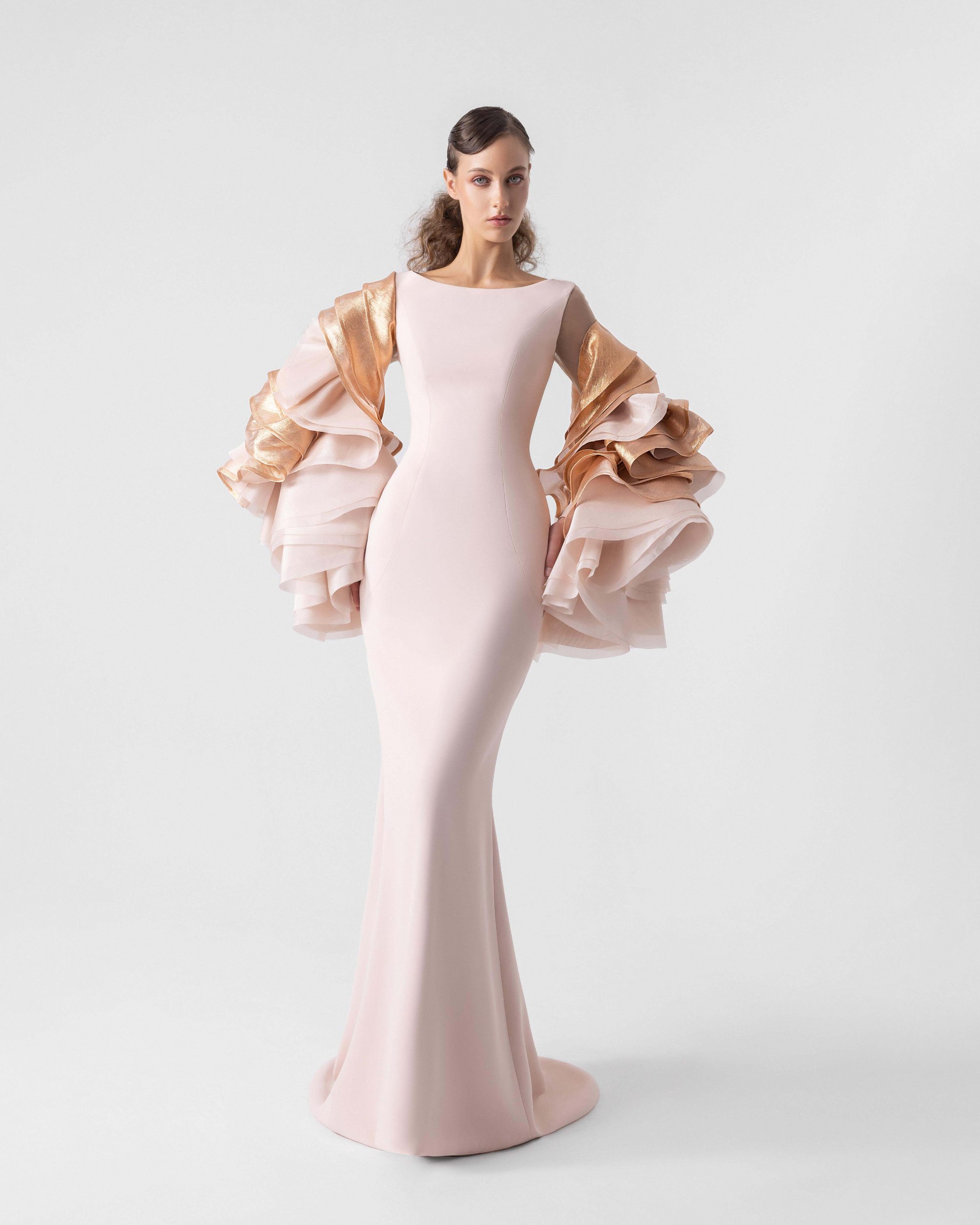 Cascading Metallic Organza Sleeves Salmon Pink Mermaid Dress