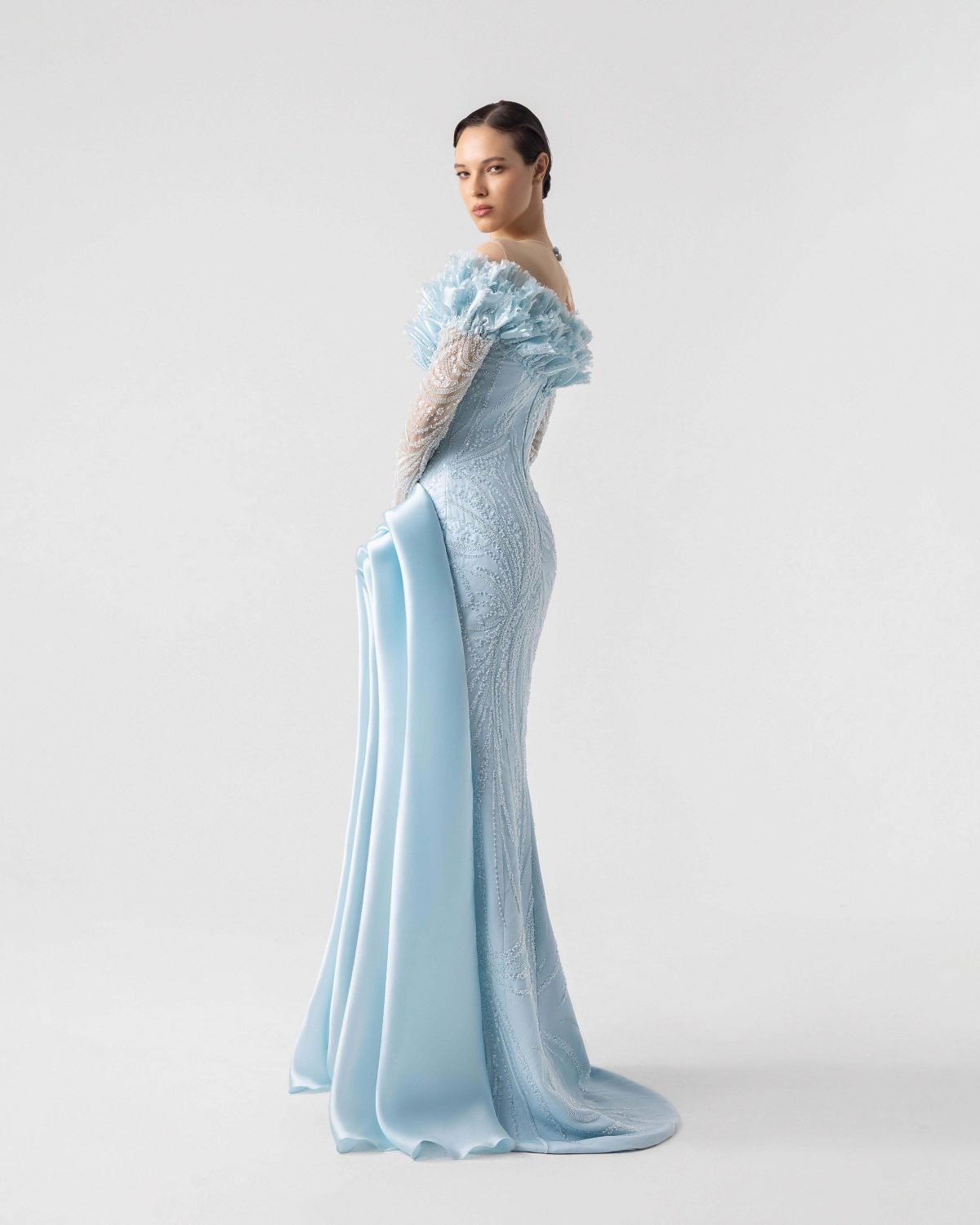 Deep V Embellished frills Ice Blue Lace  Gown