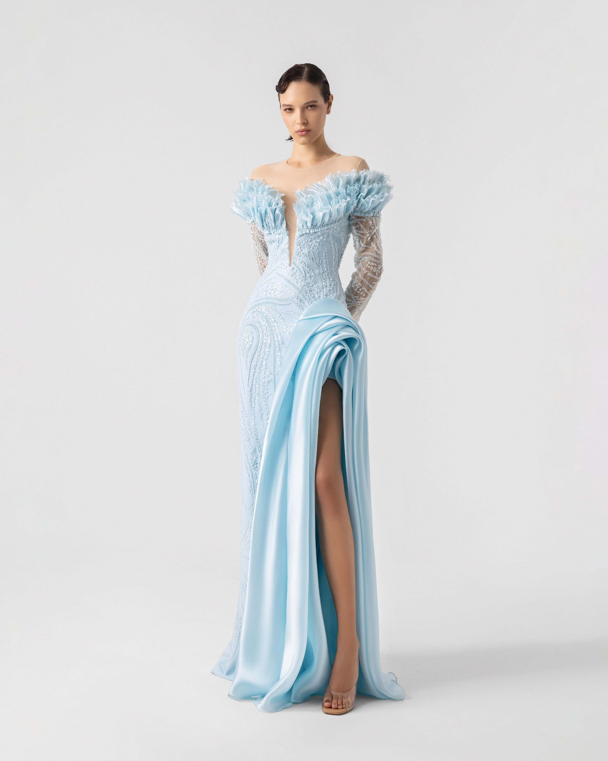 Deep V Embellished frills Ice Blue Lace  Gown