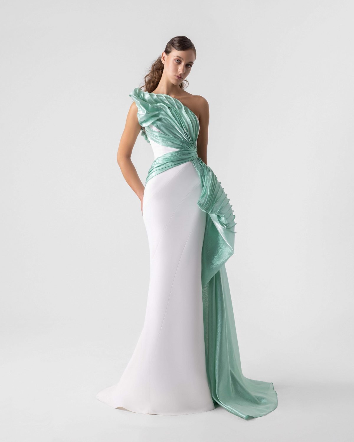 Exquisite Flared Off-White Dress with Mint Shimmering Drapery