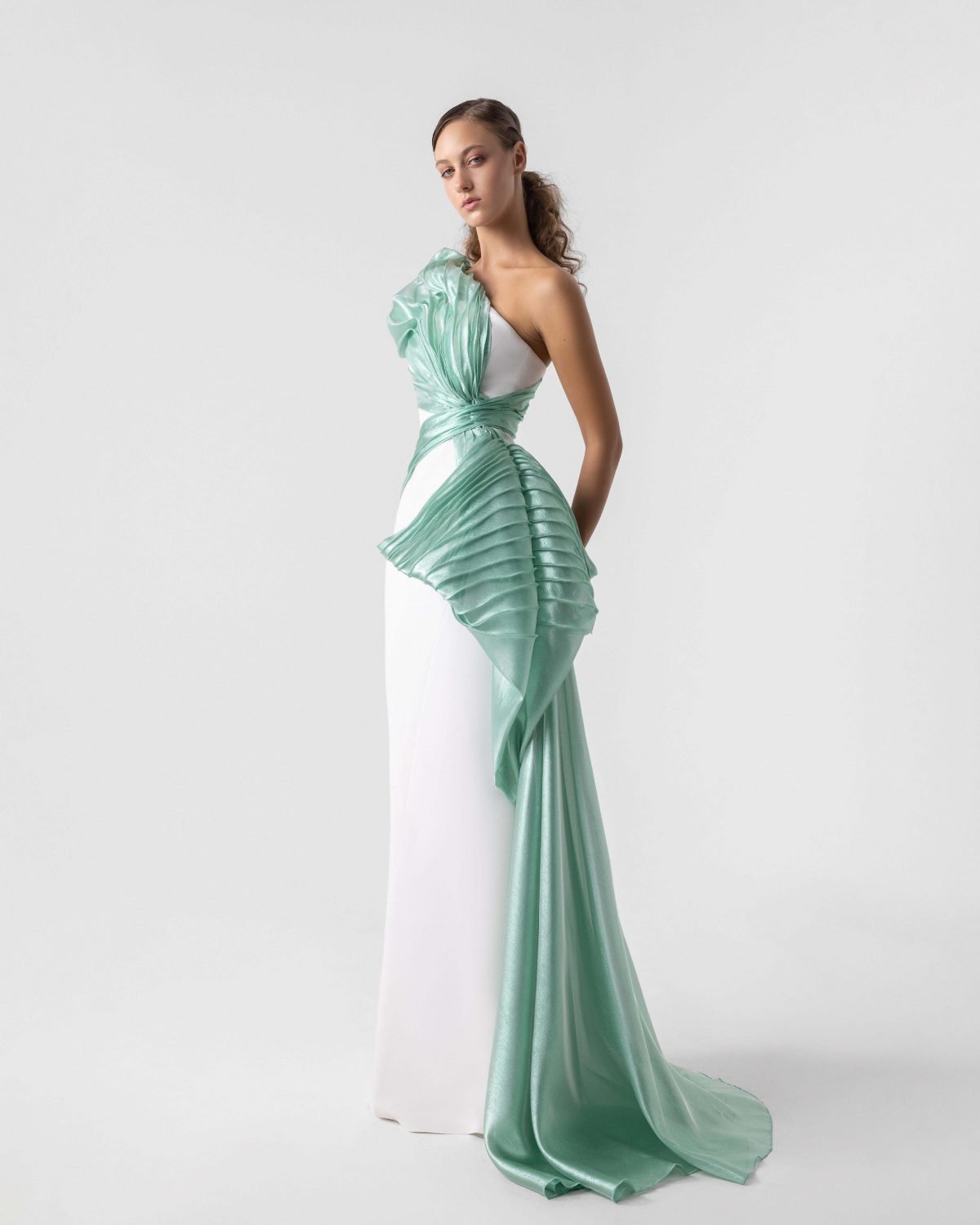 Exquisite Flared Off-White Dress with Mint Shimmering Drapery