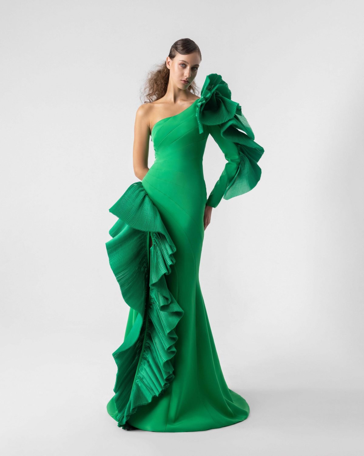Ruffled One-Sleeve Green Mermaid Gown with Diagonal Seams