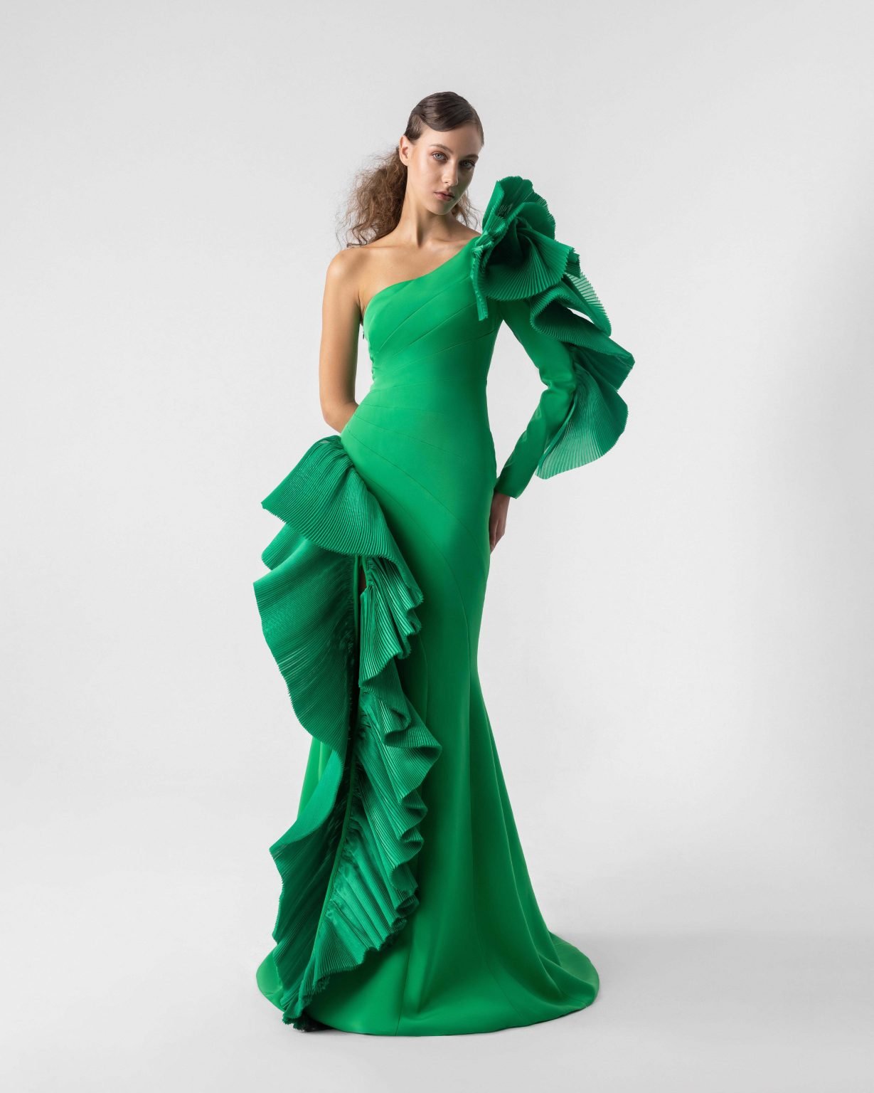 Ruffled One-Sleeve Green Mermaid Gown with Diagonal Seams