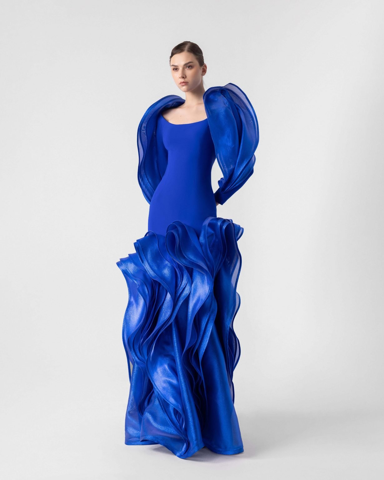 Voluminous Shimmering ruffles Gown with Sculptural Sleeves