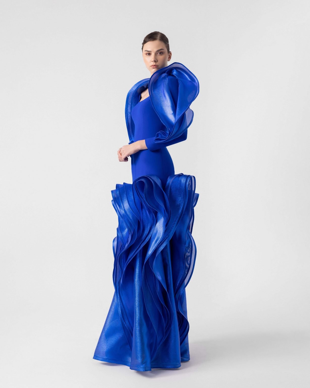 Voluminous Shimmering ruffles Gown with Sculptural Sleeves