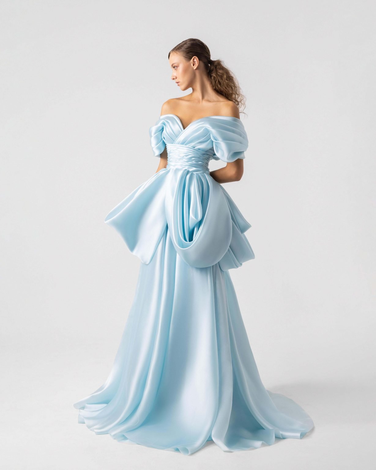 Peplum Ice Blue Off-Shoulder Organza Gown