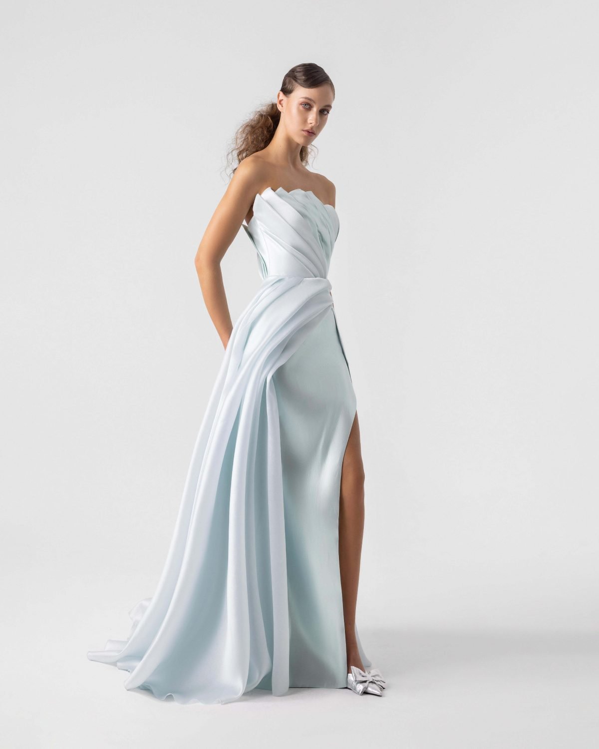Ethereal Metallic Mint Gown with Asymmetrical Bodice Folds