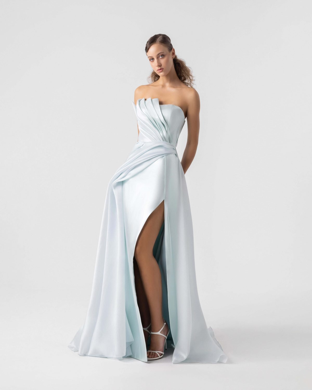 Ethereal Metallic Mint Gown with Asymmetrical Bodice Folds