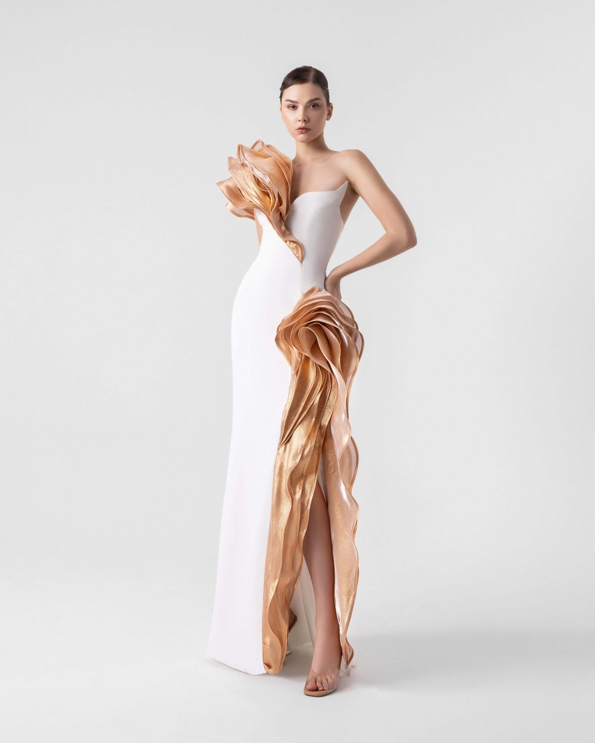 Bronze Cascade Angled  Bust Gown