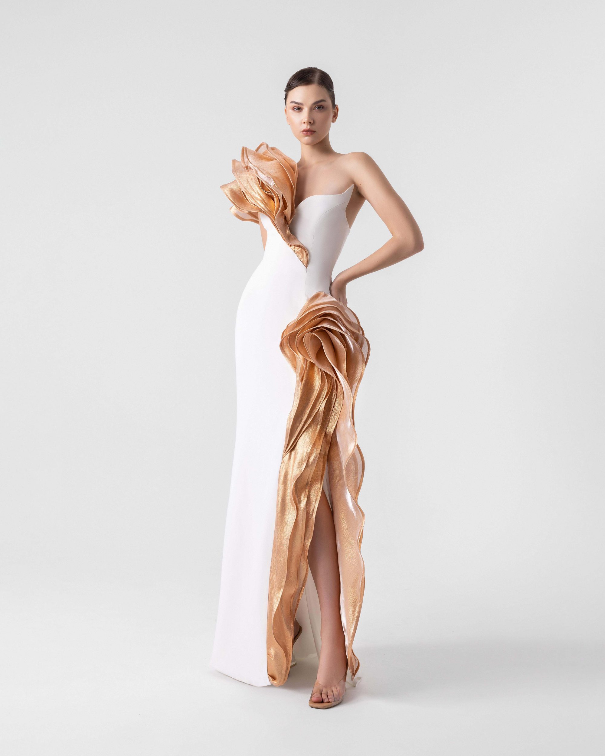 Bronze Cascade Angled  Bust Gown
