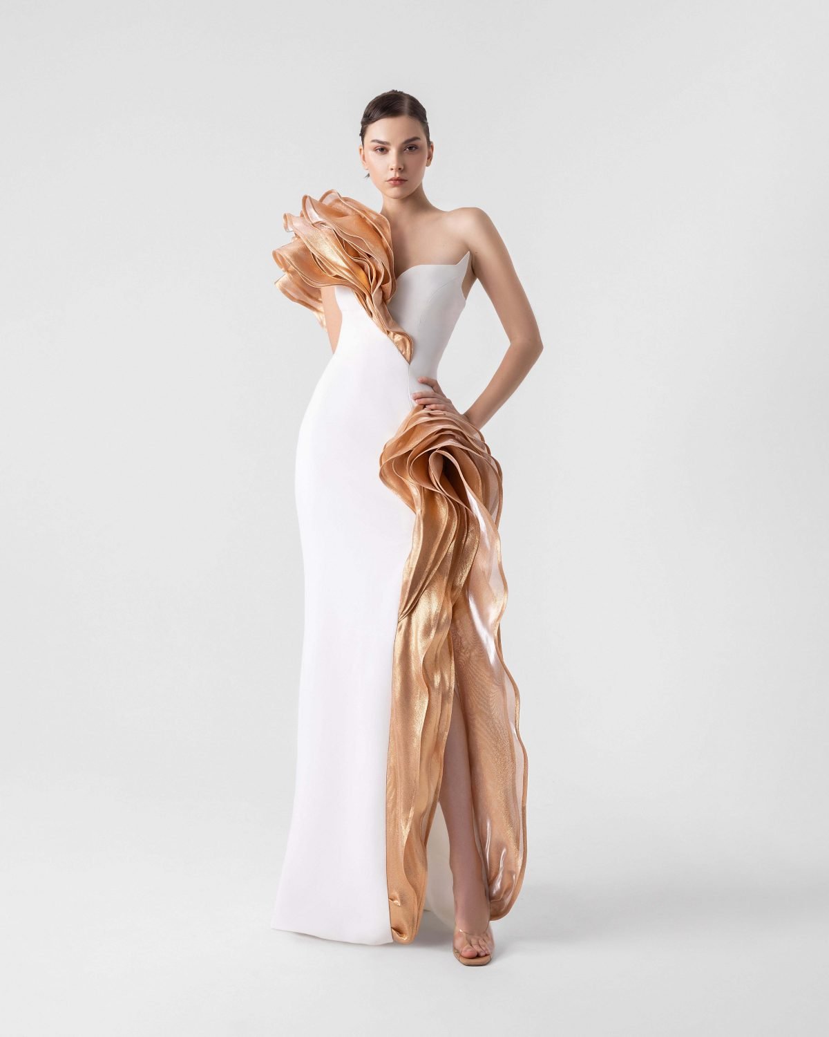 Bronze Cascade Angled  Bust Gown