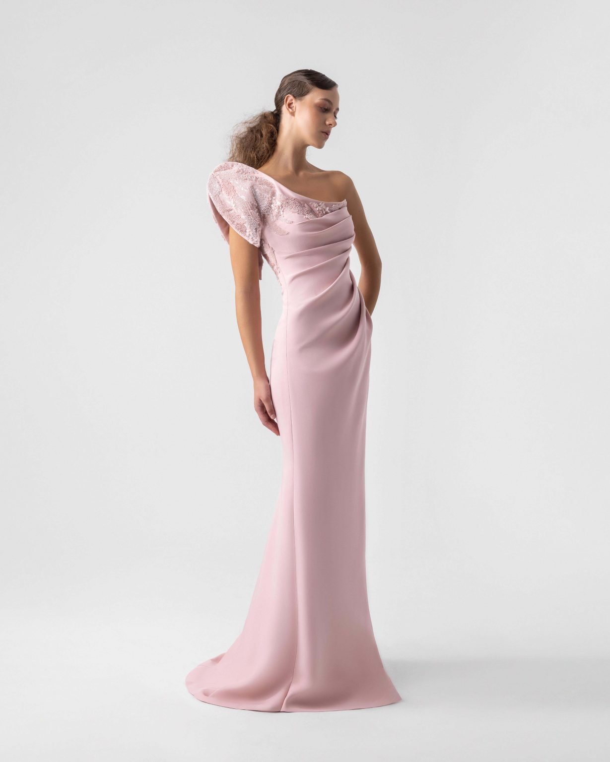 Sophisticated Embellished One-Shoulder Cap Sleeve Pink Gown
