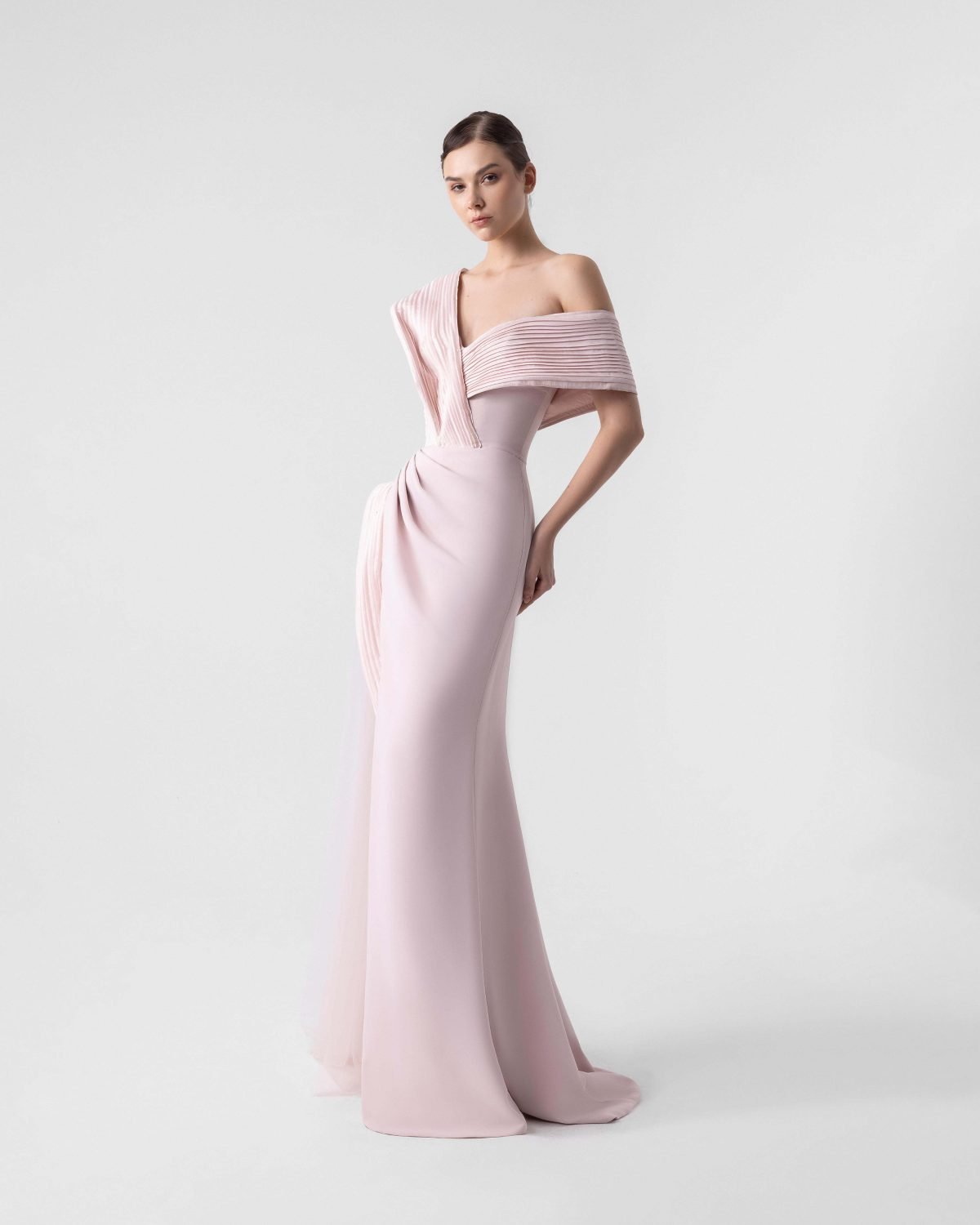 Elegant Asymmetrical Pleats Pink Gown